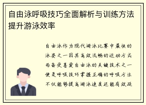自由泳呼吸技巧全面解析与训练方法提升游泳效率