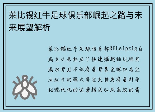 莱比锡红牛足球俱乐部崛起之路与未来展望解析