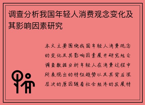 调查分析我国年轻人消费观念变化及其影响因素研究